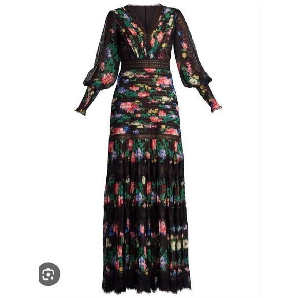 Tadashi Shoji Dresses & Skirts - TADASHI SHOJI Lorely Floral Maxi Gown Balloon Sleeves V Neck Lace Black Size 8